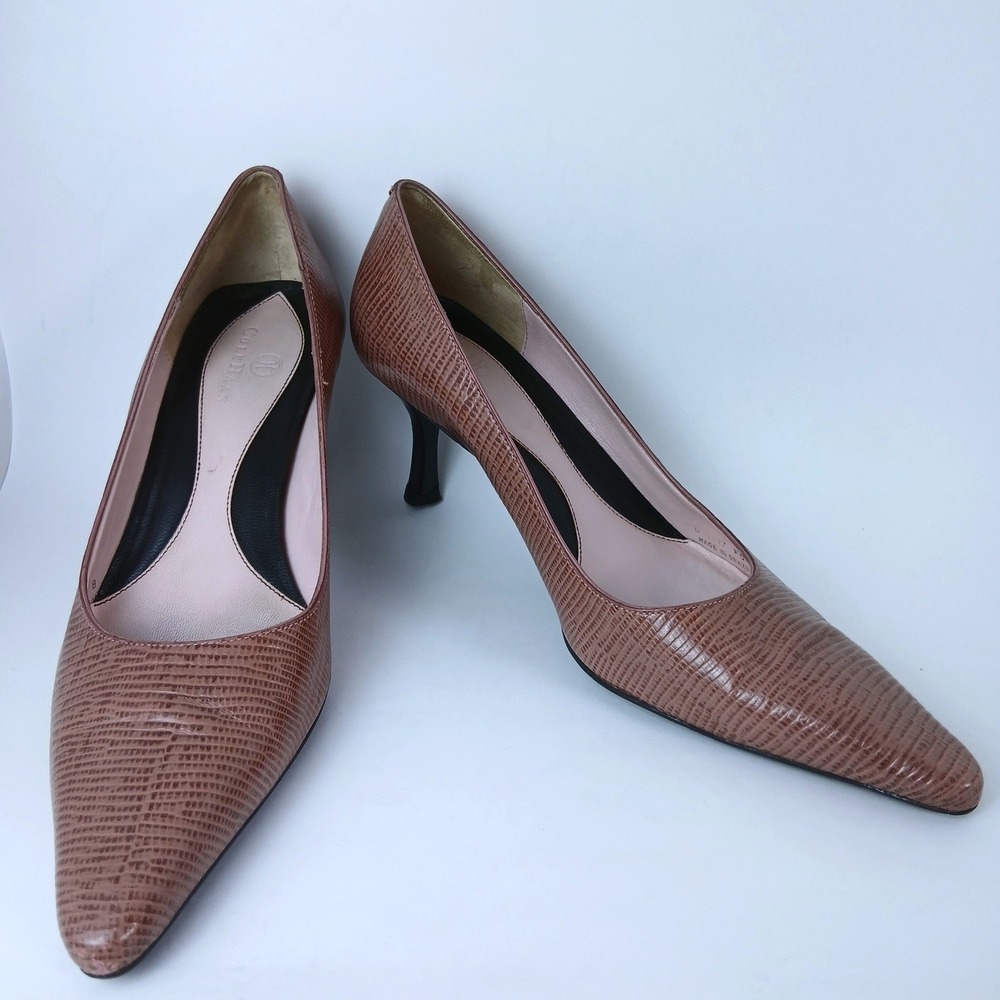 Cole Haan Pink Lizard‎ Embossed Leather Pumps Size 7 Pointed Toe Heels Brazil